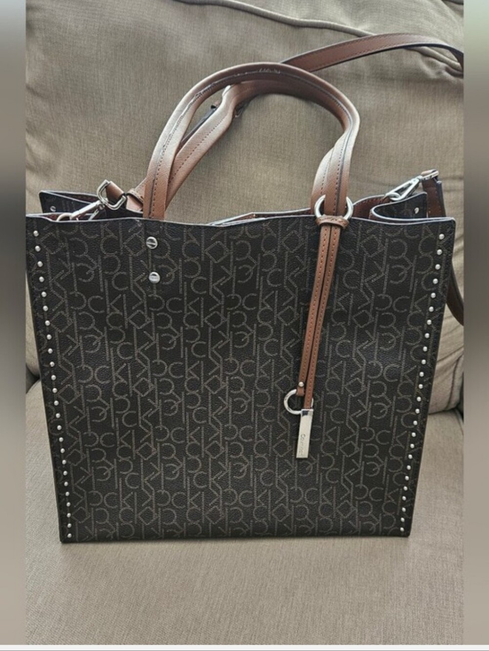 Calvin Klein Large Tote Bag Brown Monogram Crossbody Authentic